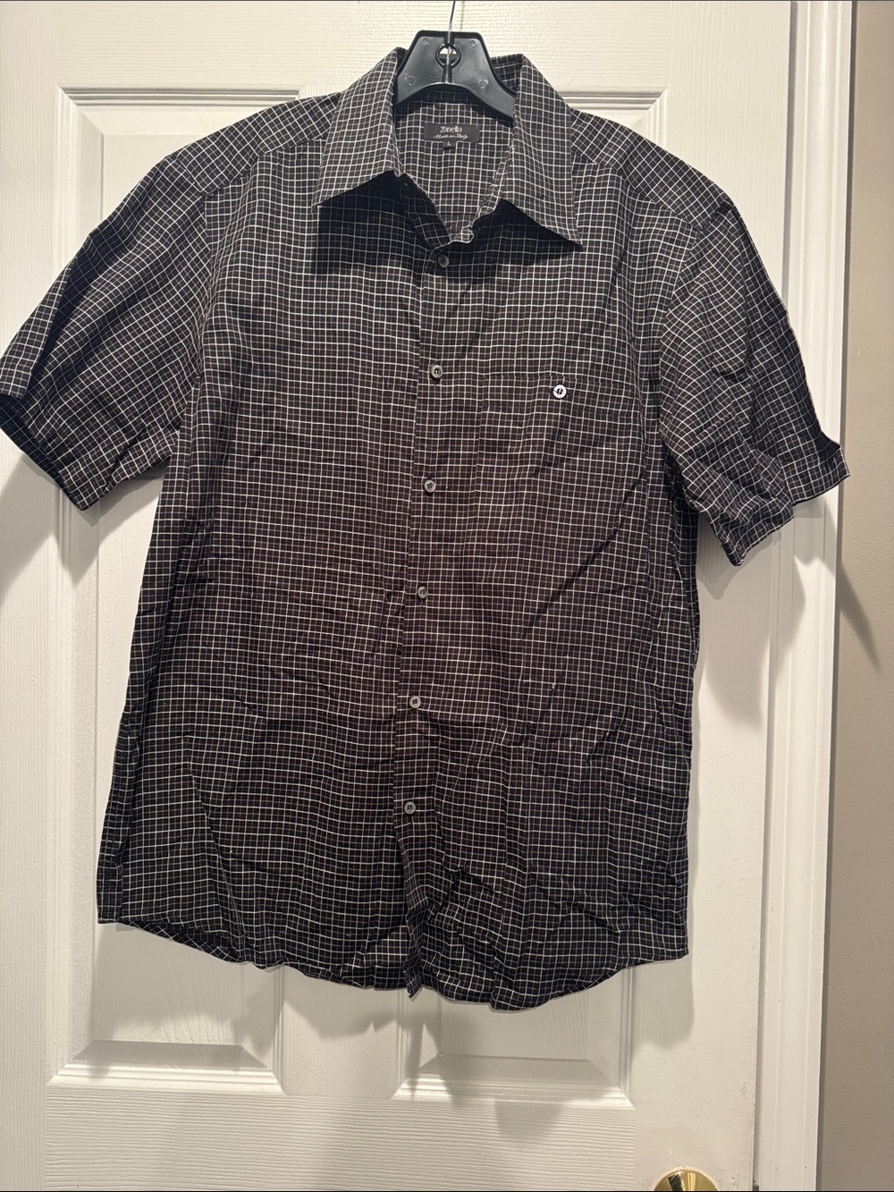 Zanella Italy Luxury Cotton Linen Plaid Short Sleeve Sport Shirt Size L
